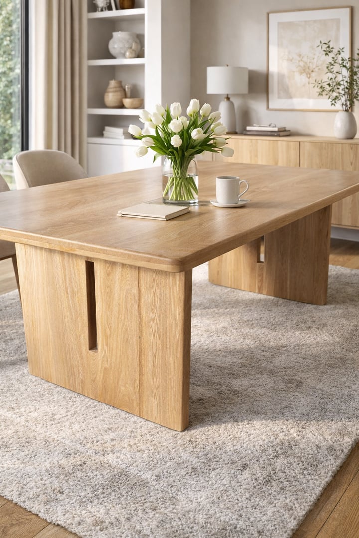 Mesa de comedor rectangular contemporánea con cubiertas rectangulares, esquinas redondeadas, canto suave y dos soportes tipo panel sólido con ranura vertical decorativa