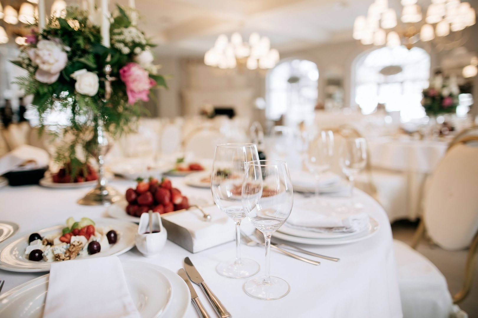 Catering service. Restaurant table with food. Wedding celebration, decoration. Dinner time, lunch.
