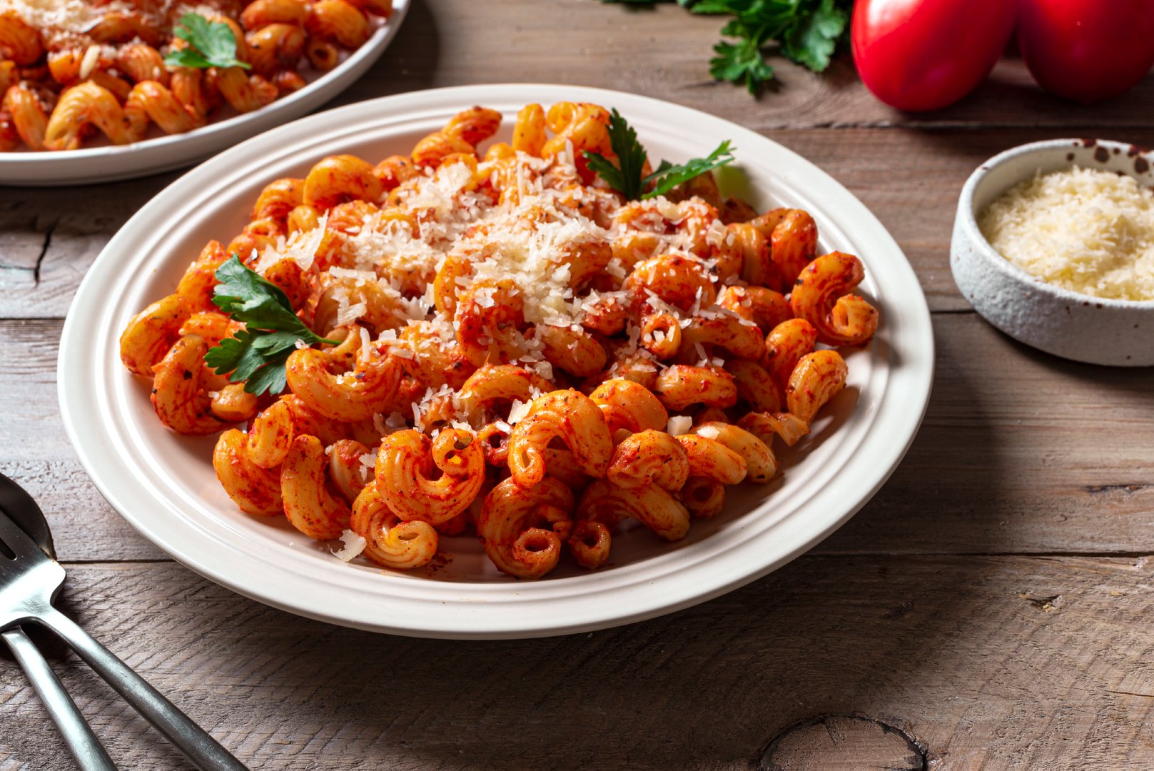 Cavatappi pasta with tomato sauce and grated parmesan cheese close up. Homemade vegetarian vegan pasta with rich red sauce.