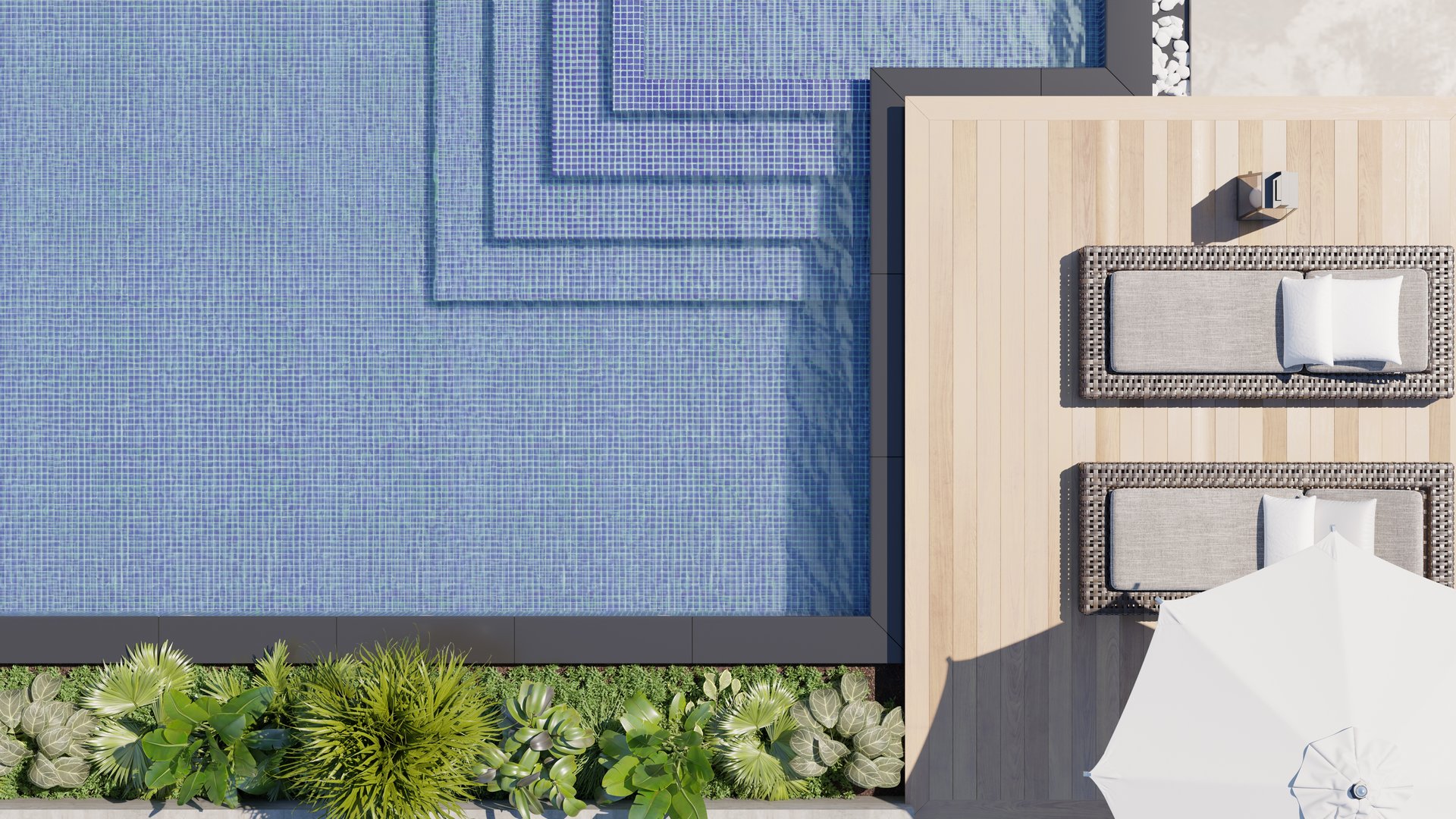 Contemporary swimming pool features multiple levels of blue tiles, surrounded by elegant sun loungers and lush green plants, creating a serene outdoor relaxation area. 3d render