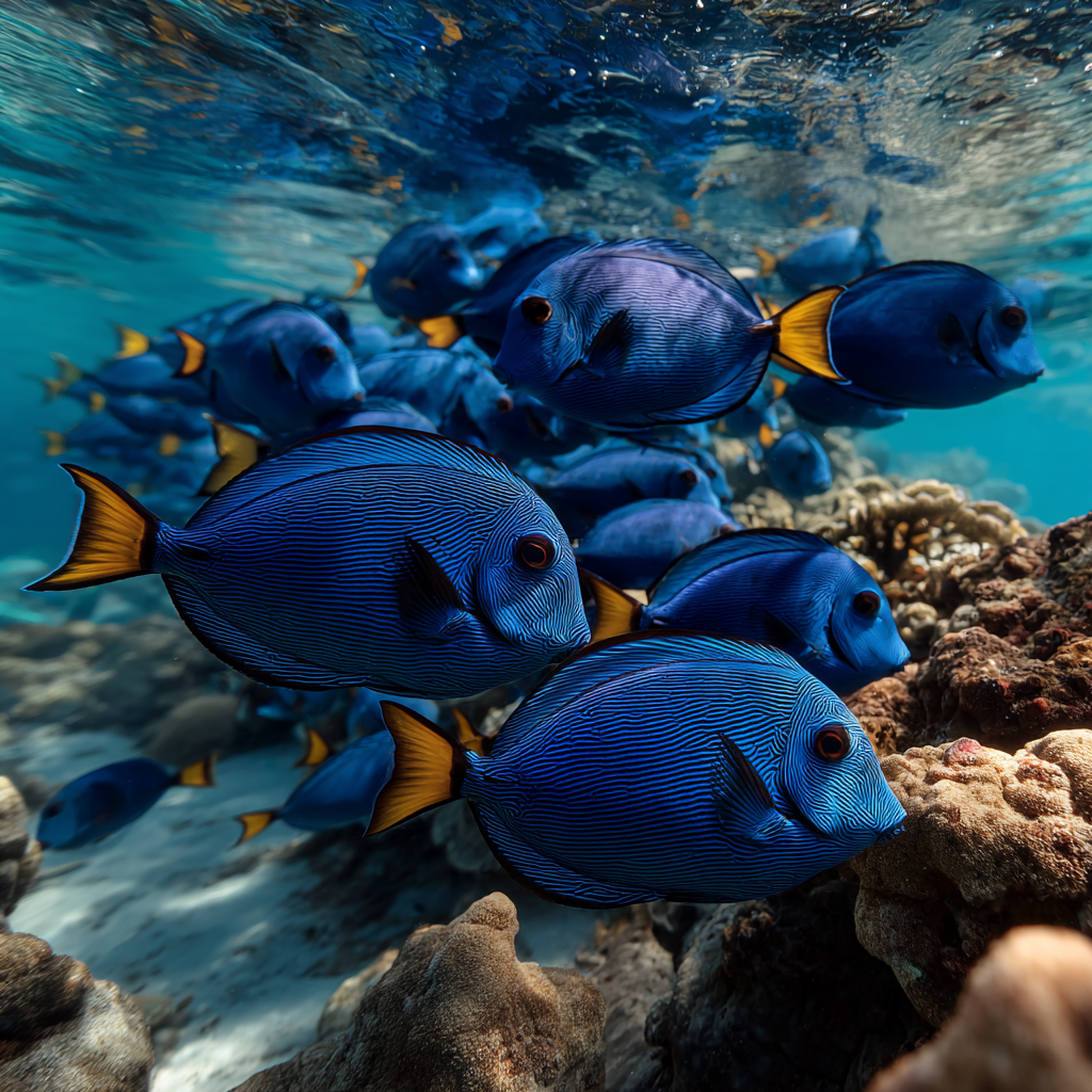 Realistic underwater photograph of a school of blue fish in crystal clear cenote waters