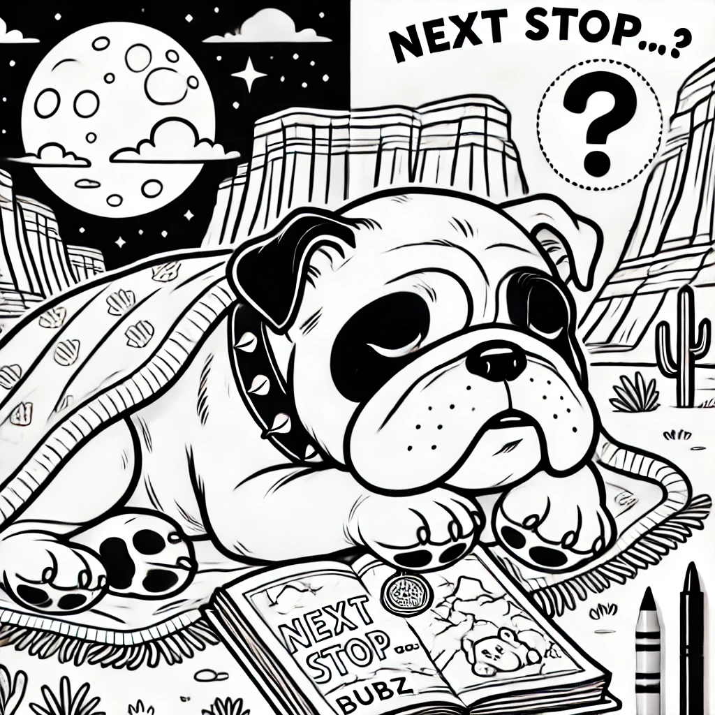 Black and white illustration of a sleeping bulldog with a map and Next Stop... text, set in a desert landscape.
