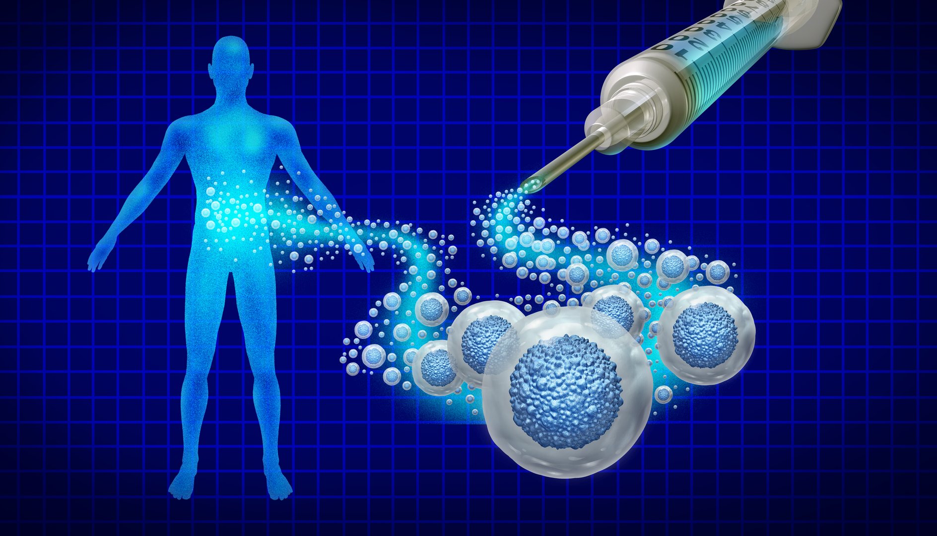 Human regenerative therapy as stem cell therapy Regenerative Medicine and Mesenchymal Stem Cells injected for joint pain organ regeneration to heal wounds or regenerate tissue repair as a medical cell therapy.