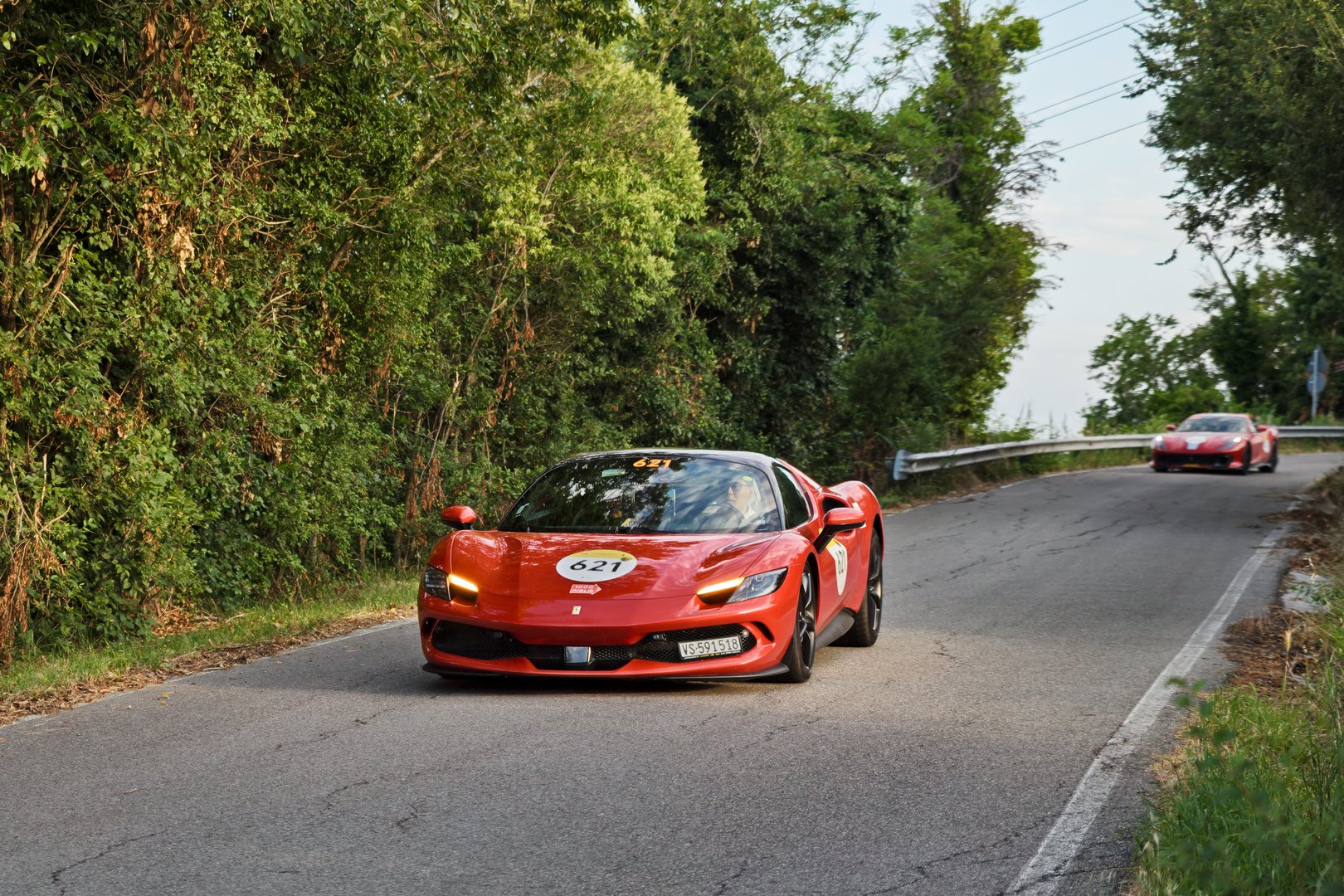 Supercar Ferrari 296 GTS (2024) in Tribute to Mille Miglia, historical racing car, on June 20, 2025 in Predappio, FC, Italy