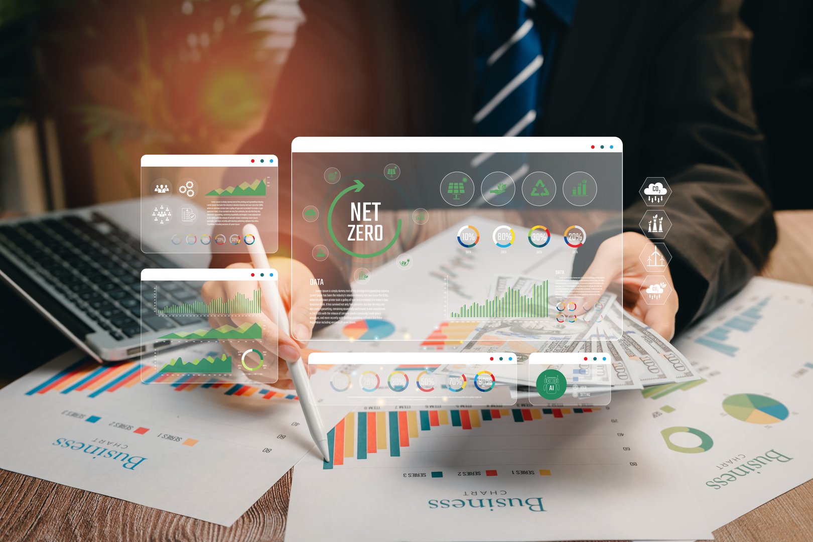 Businessman Analyzing Financial Data with Digital Graphs and Charts for Sustainability and Net Zero Goals, Business concept