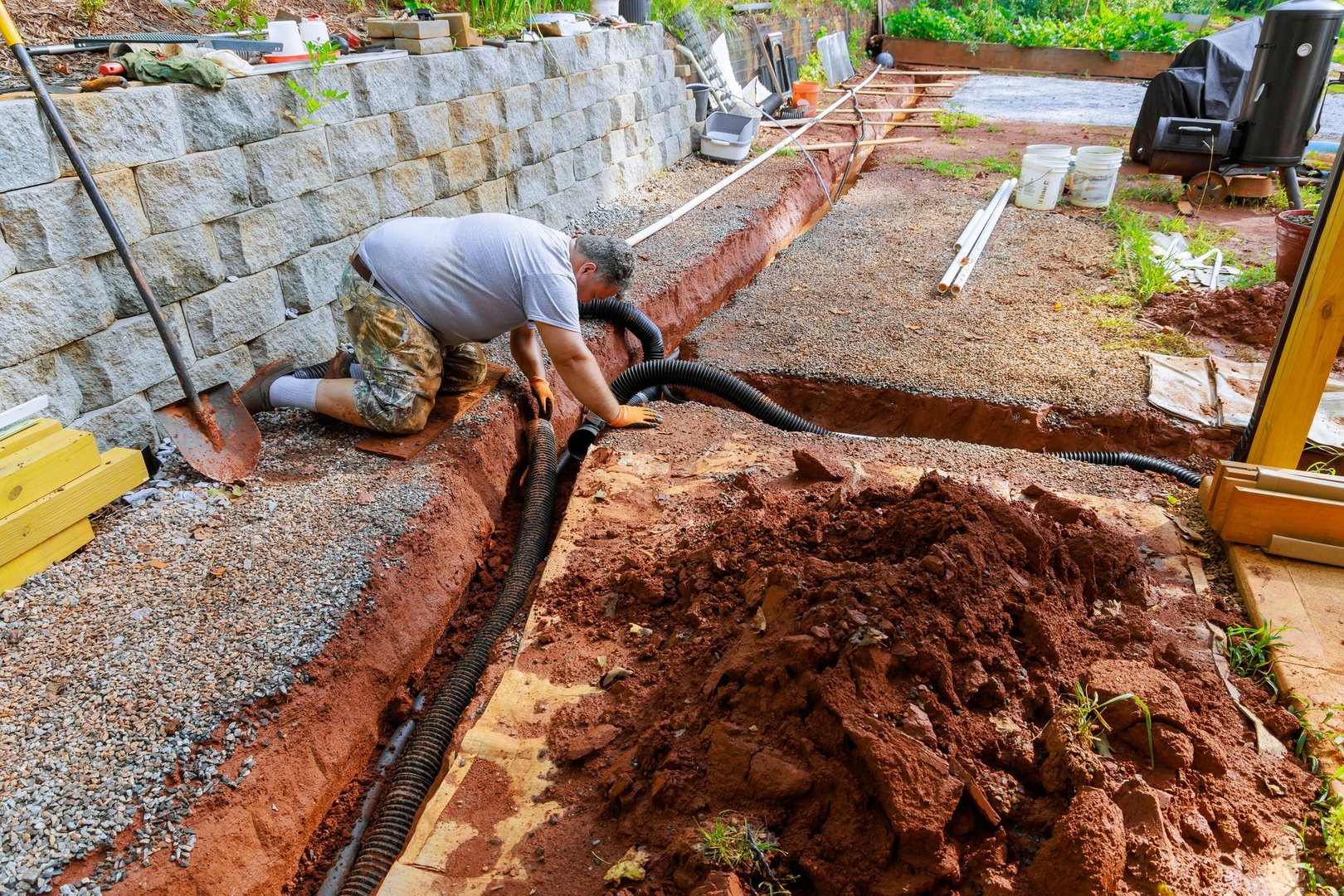 Homeowner is lays drainage pipes at trench in their backyard to install new drainage system
