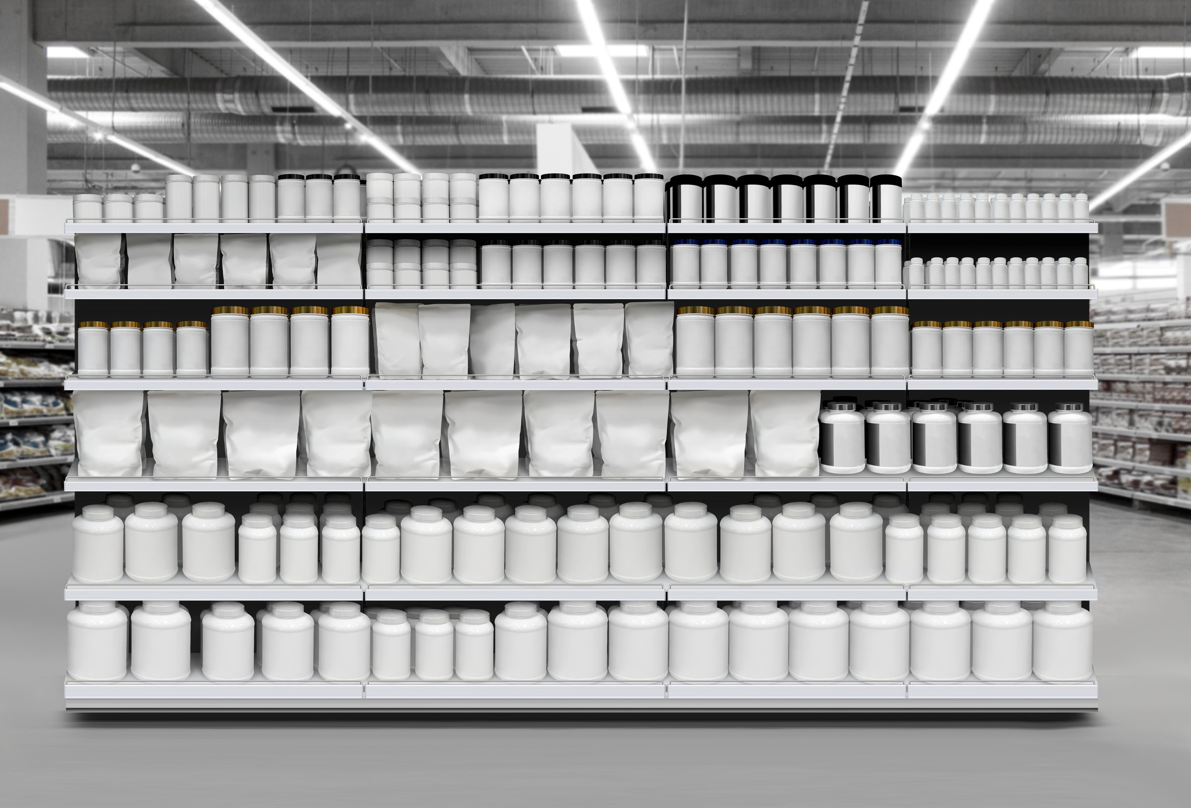 Body building supplements on shelf, mockup is suitable for presenting new packaging or label designs among many others.