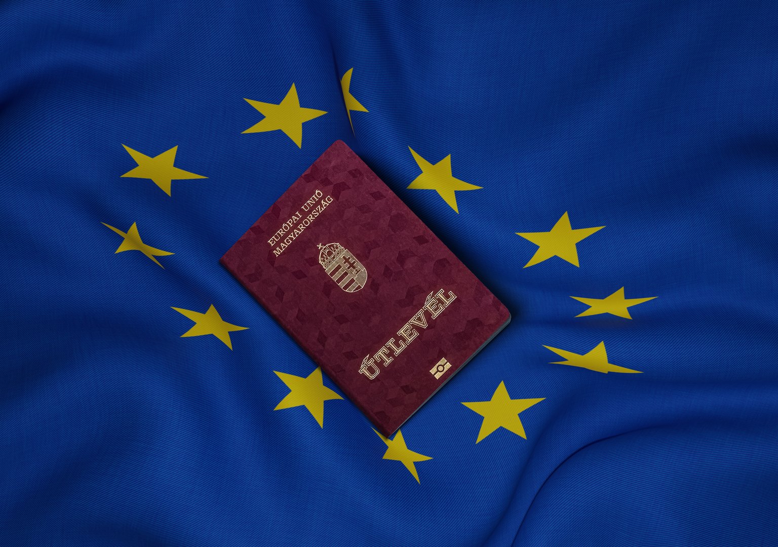 Hungary passport with European Union flag in background