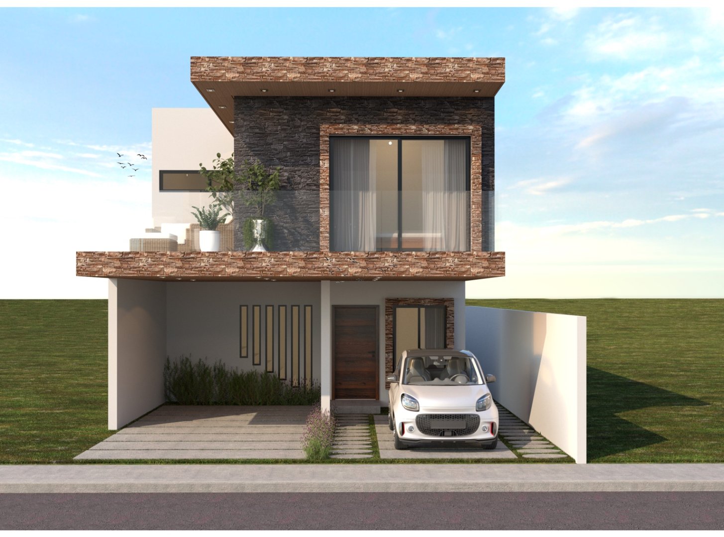 Modern two-story house with stone accents, large windows, a driveway, and a small car parked in front.