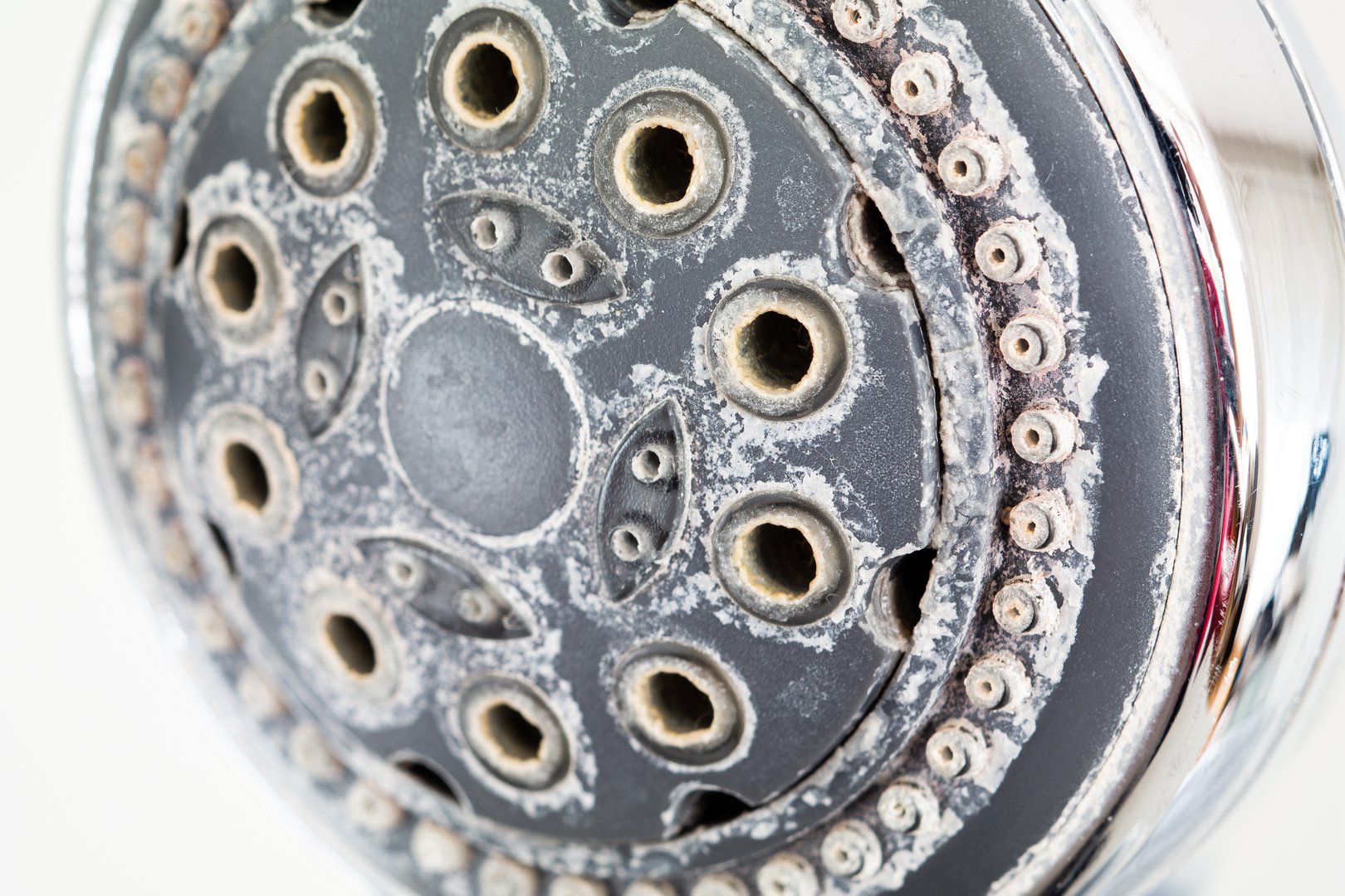 Silver round shower head with hard water deposits all around the sprinklers close up macro side shot isolated against light grey backdrop 2019