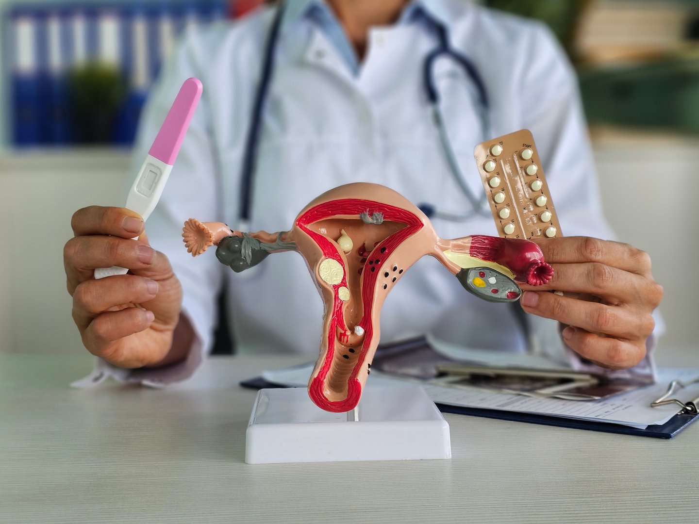 A medical professional holds a pregnancy test, contraceptive pill pack, and anatomical model of female reproductive organs in a healthcare environment.