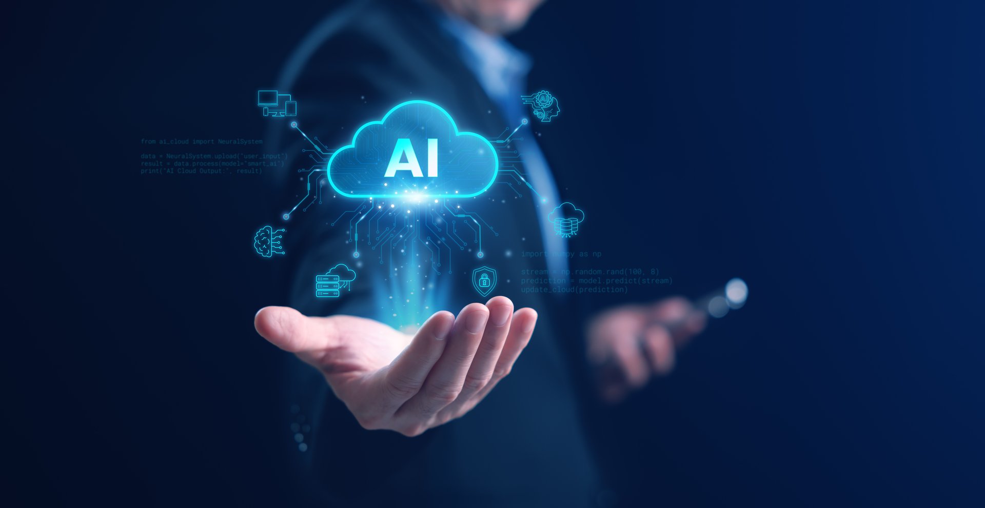 A businessman holds a glowing AI cloud hologram, symbolizing artificial intelligence, data processing, and innovation in digital technology and cloud computing for business transformation.