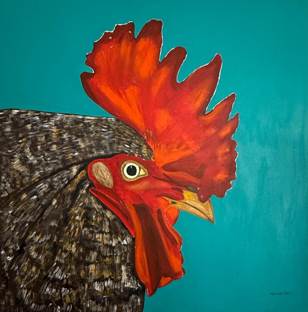 Pintura de gallo con fondo turquesa por Monica Meza