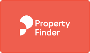 Property Finder logo on a red background, featuring a white abstract design and text.