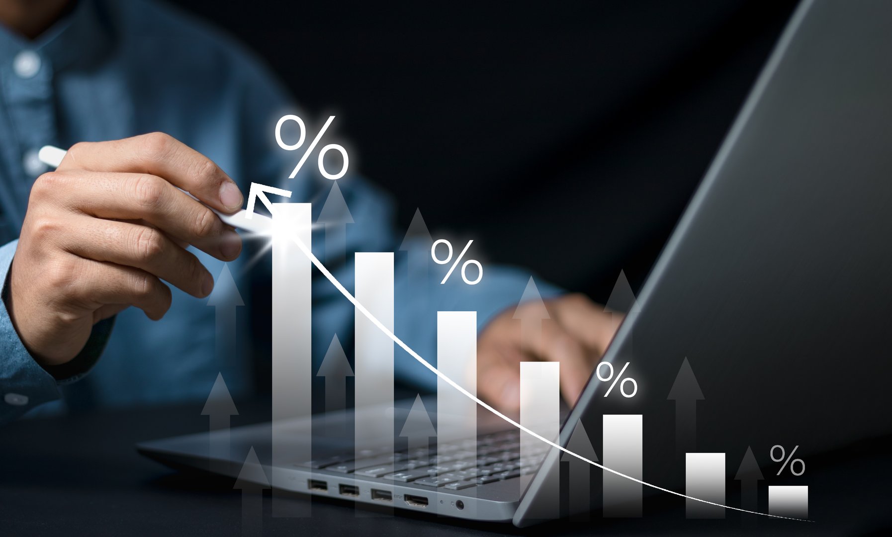 Business development to success and growing growth concept, graph with percentage sign and arrow up, represent in meanings of interest rate increase, performance, sales, percent growth.