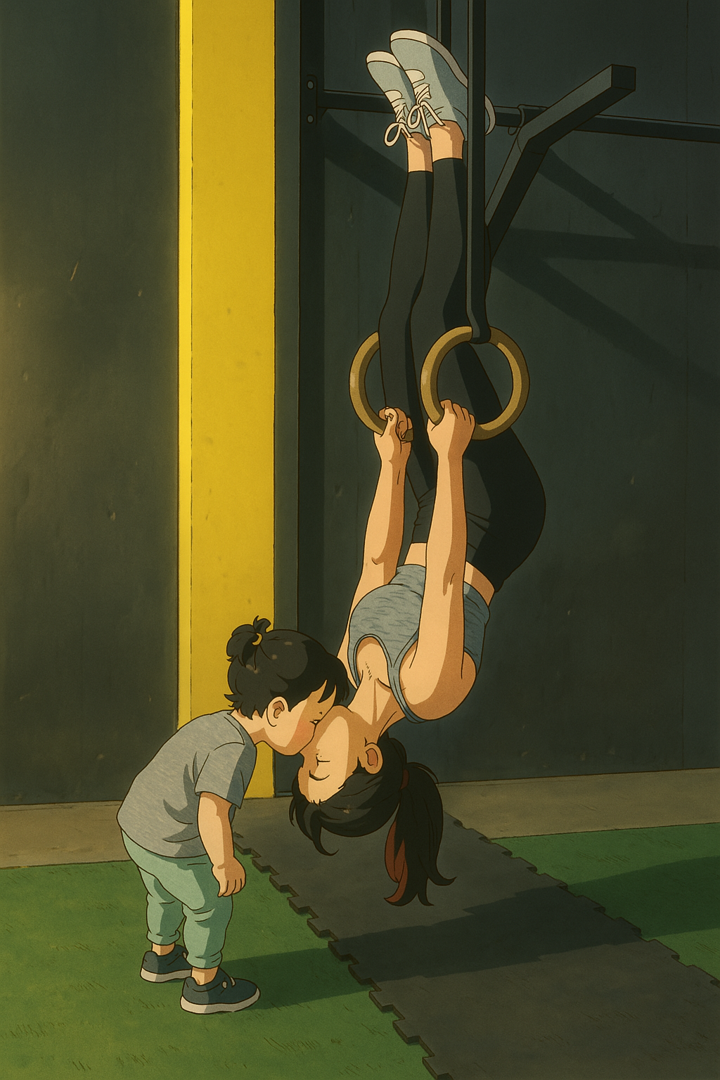 Child kissing upside-down woman doing rings exercise in gym, warm lighting, affectionate and playful moment.