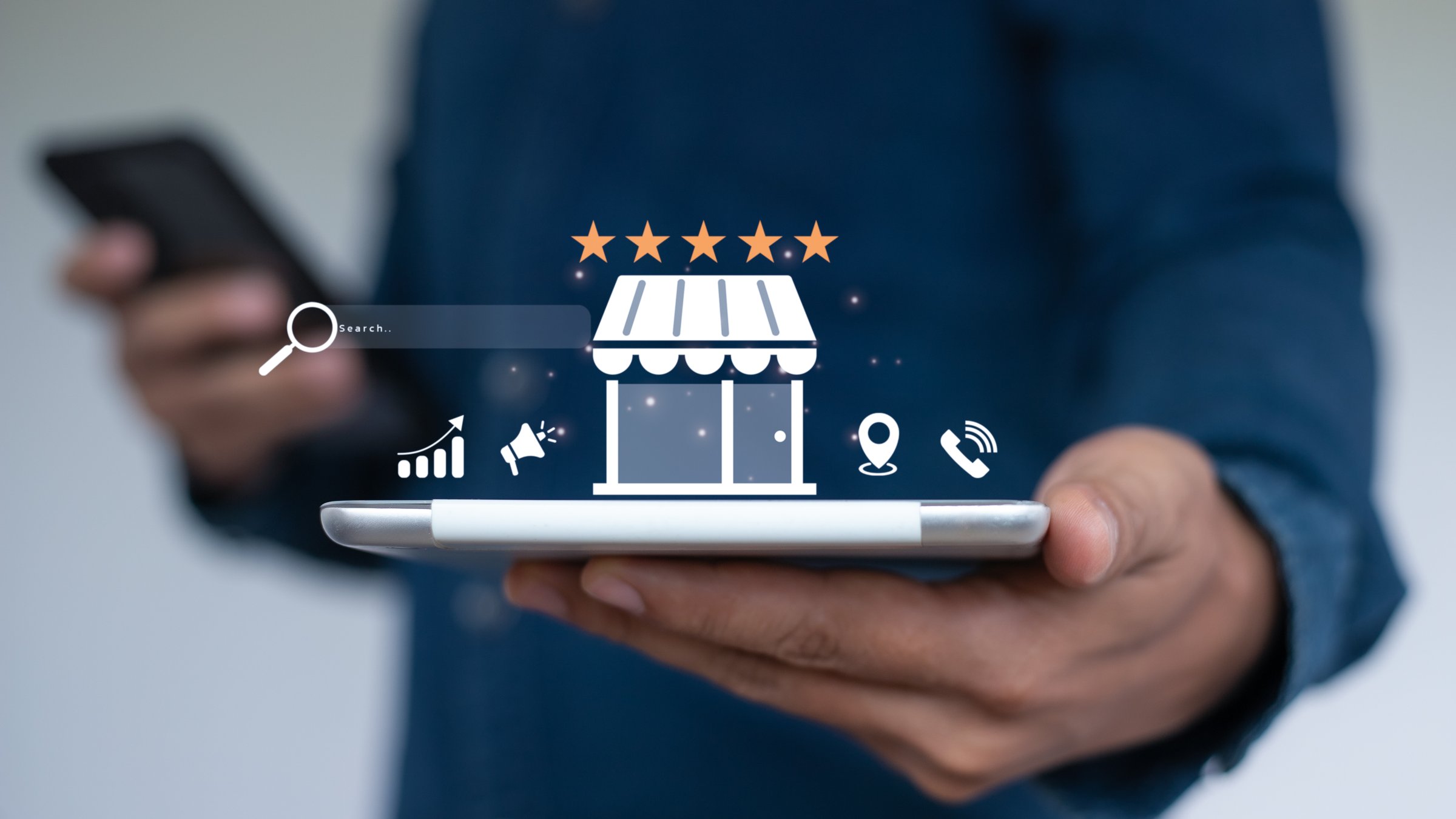 Mobile phone showing online storefront with 5-star rating, local SEO icons and search bar. Ideal for e-commerce, digital marketing, and business reputation concept.