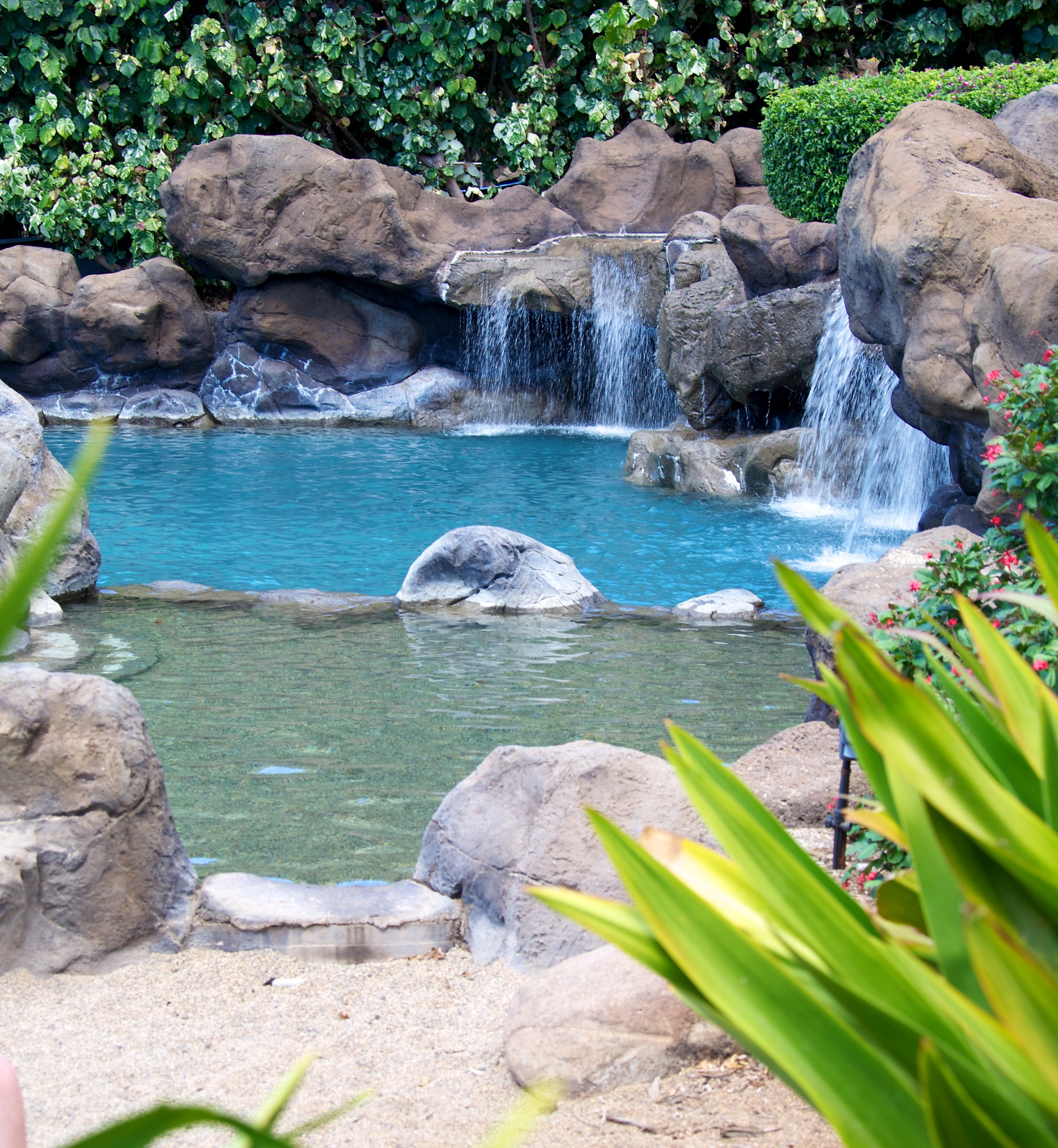 Tropical pool with a gentle waterfall