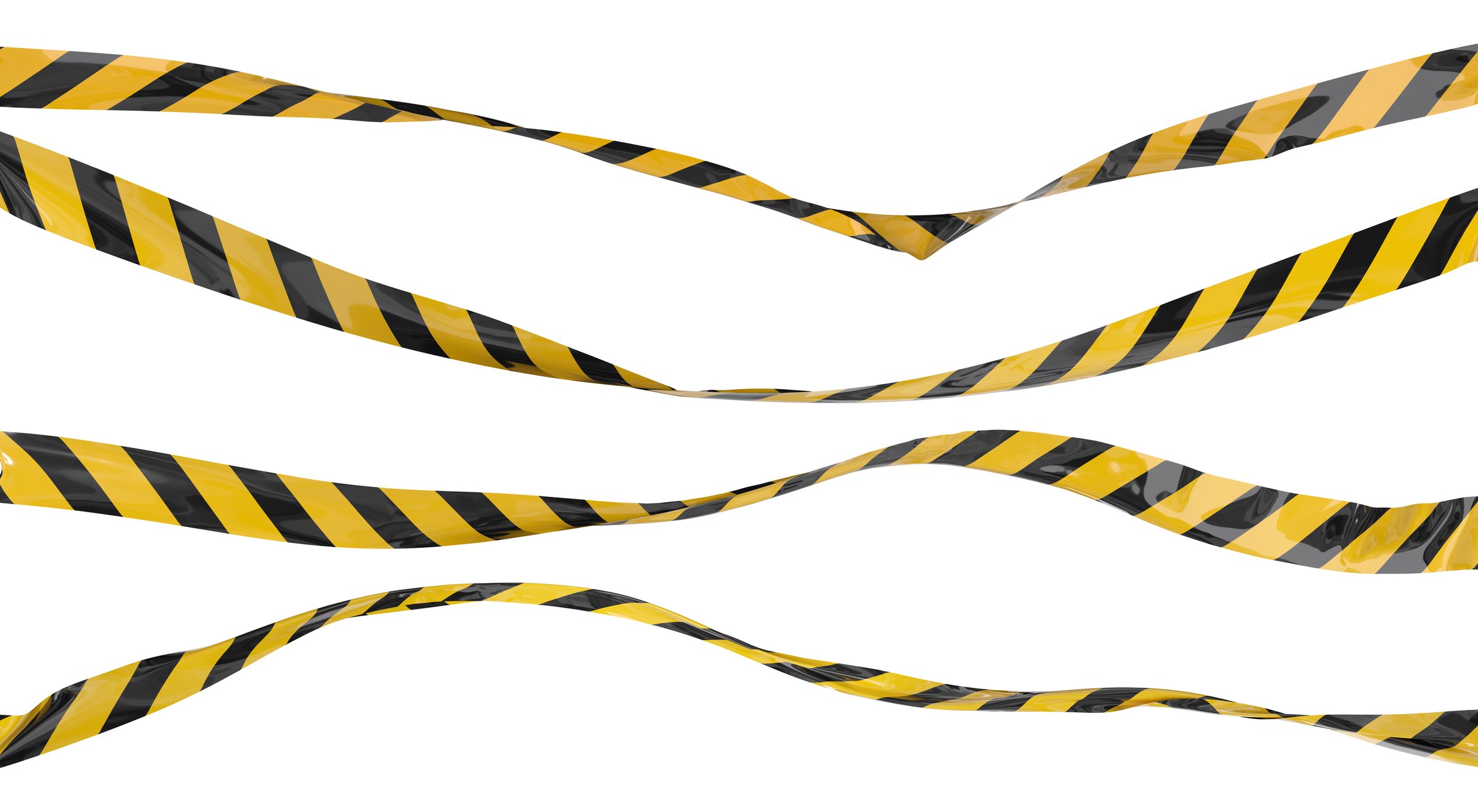 Isolated caution tape with yellow and black stripes. Waving on the wind warning ribbon set