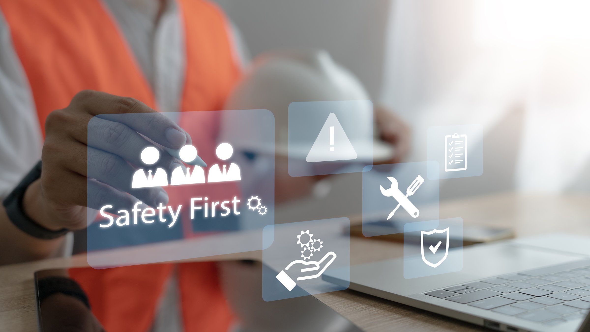 safety concept Industry regulations and standards For standard work processes and zero accidents Engineer touches safety icon on virtual screen