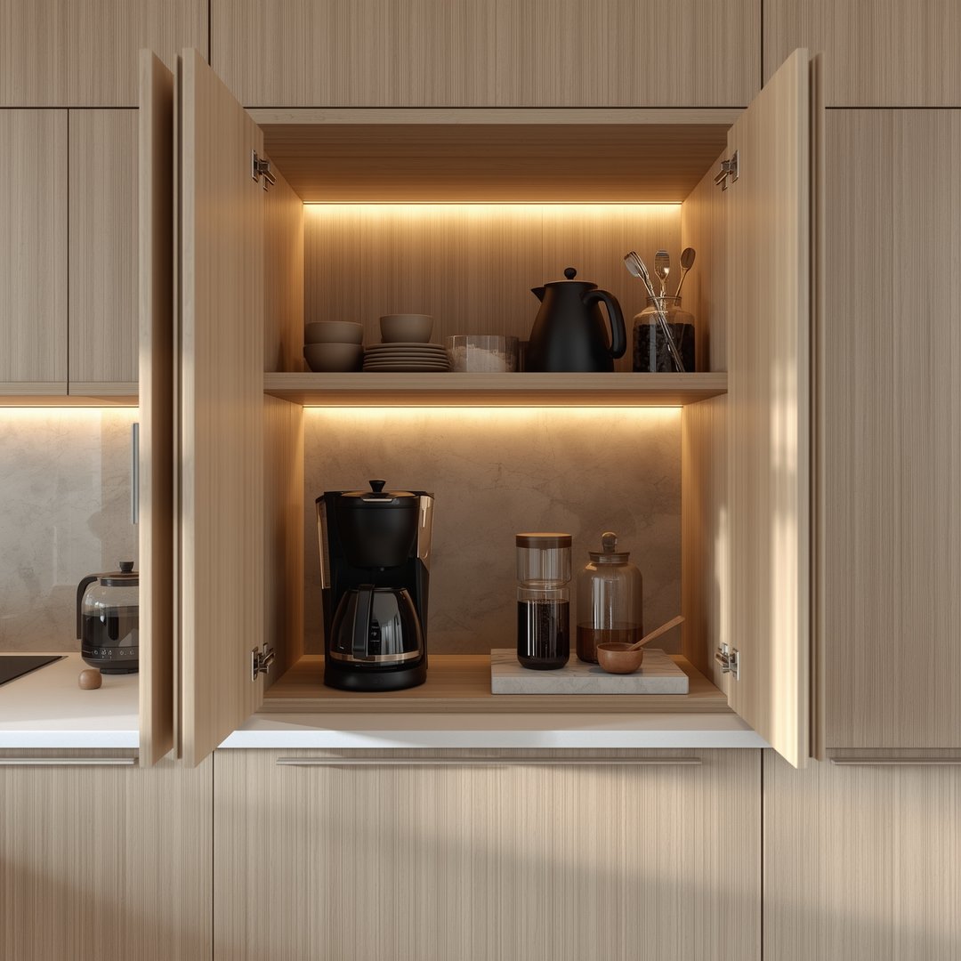 Hjemme kaffebar med organisering og oppbevaring på kjøkkenet