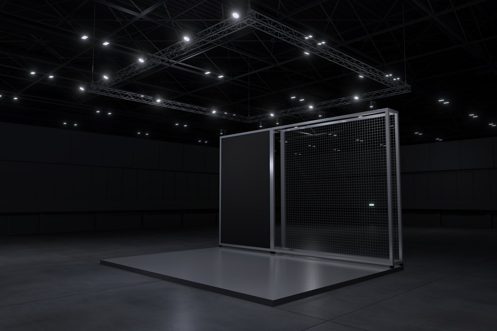 Exhibition stand for mockup and Corporate identity,Display design.Empty booth Design.Retail booth elements in Exhibition hall.booth Design trade show.Blank Booth system of Graphic Resources.3d Background for online Event,conference,live.3d render.