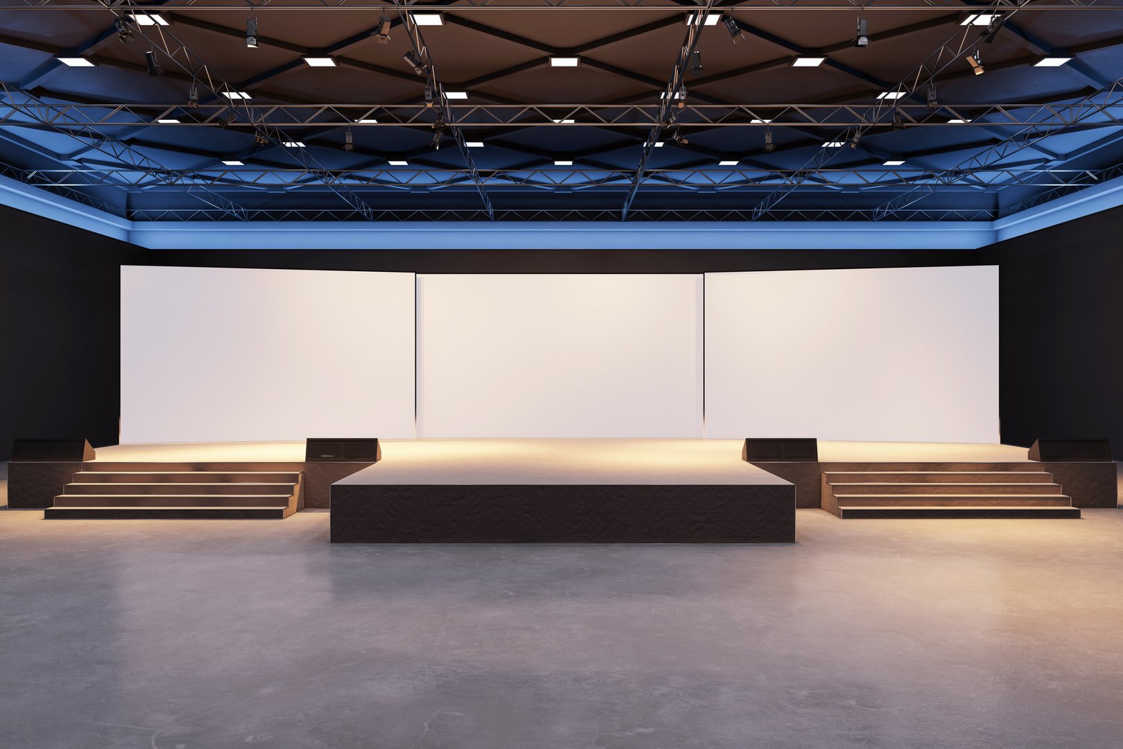 Empty stage with blank white screens, illuminated by spotlights in a dark contemporary exhibition hall, highlighting presentation space. 3D Rendering.