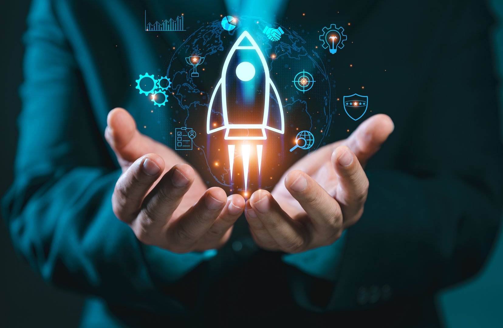 Startup business concept: a rocket is launching into space, just like for growing businesses and fast business success. digital marketing, idea generation, startup founder, network connection