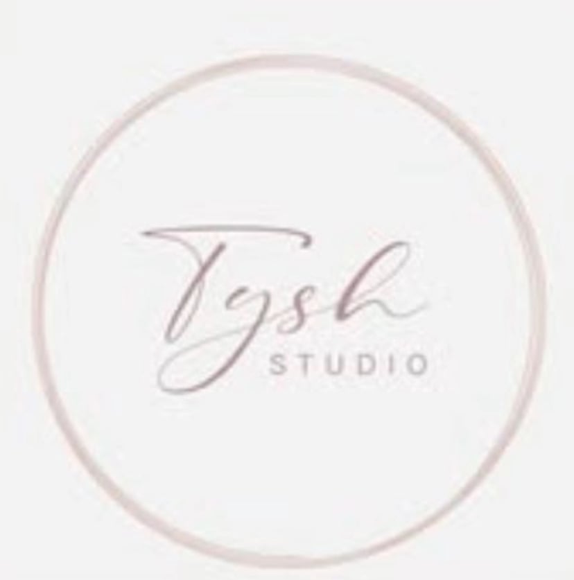 Logo with Tysh Studio in elegant script inside a thin circular border on a light background.