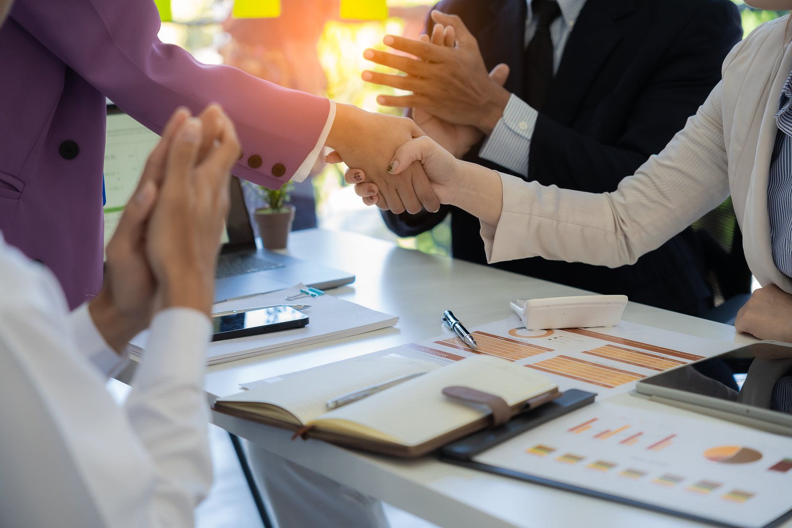 Young business leaders shake hands in the office after a successful merger and acquisition meeting