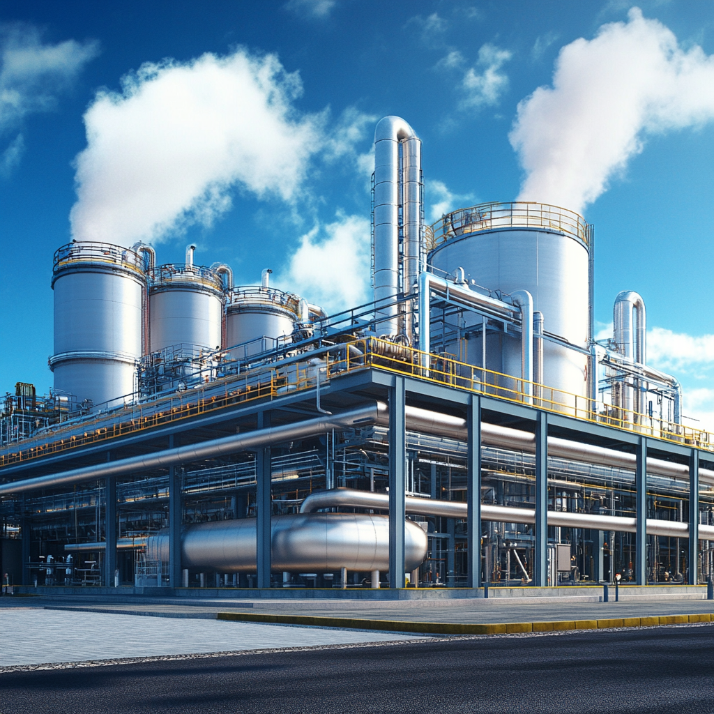 Industrial plant with large metal tanks and pipes emitting steam against a blue sky.