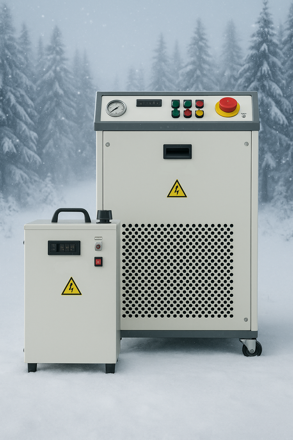 Industrial equipment with control panel and caution symbols, set outdoors in a snowy forest setting.