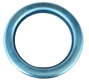 Metal gasket with etched dimensions 46.7x62x5.5 on the surface, circular shape, used for sealing joints.