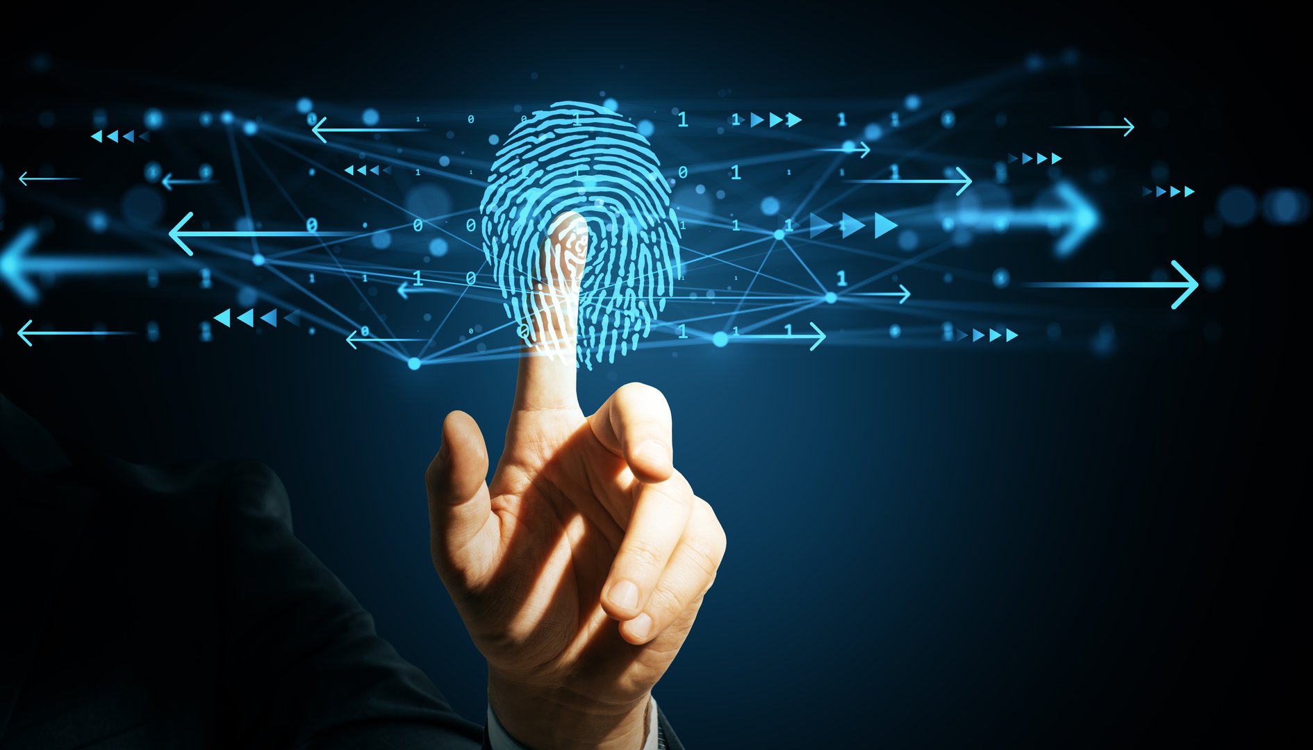 Fingerprint icon being scanned by a finger, neon blue graphic style on dark background, concept of digital identity and secure access