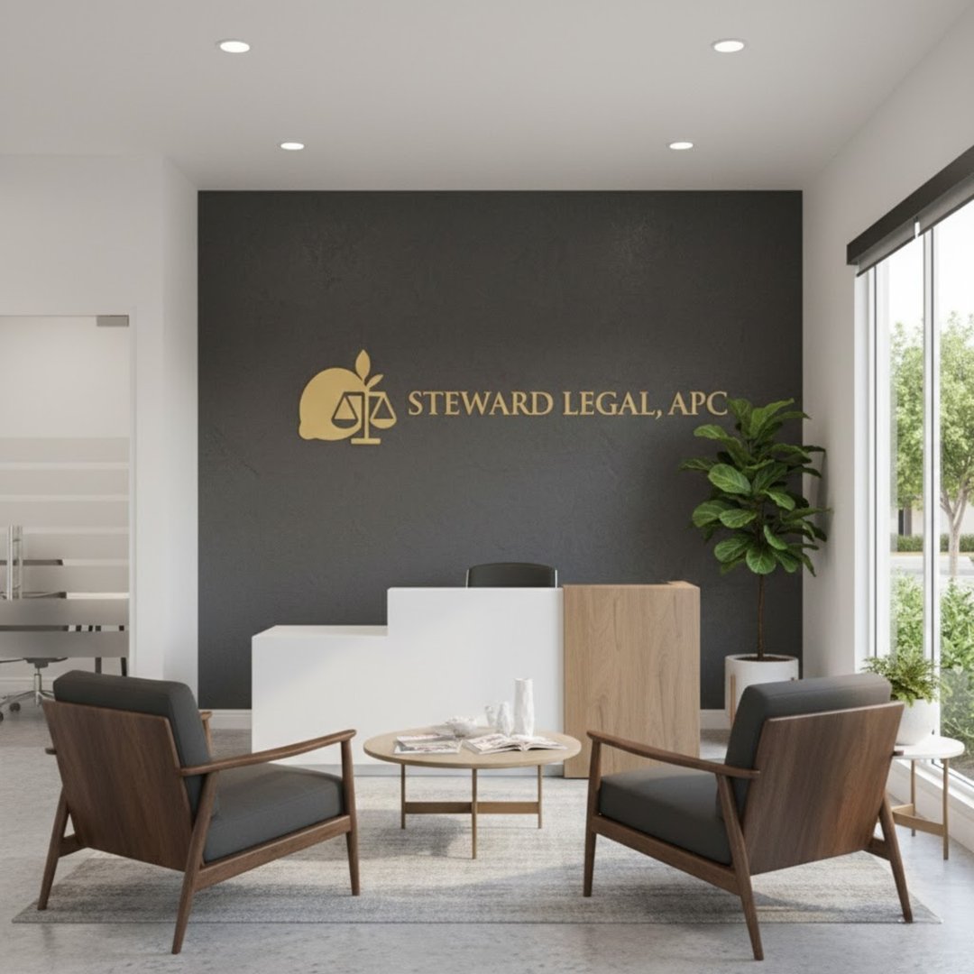 Steward Legal, APC Waiting Room - Modern office reception area with a dark wood desk, gray office chair, Apple computer, beige sofa, white chairs, large potted plant, and a wall sign reading Steward Legal, APC