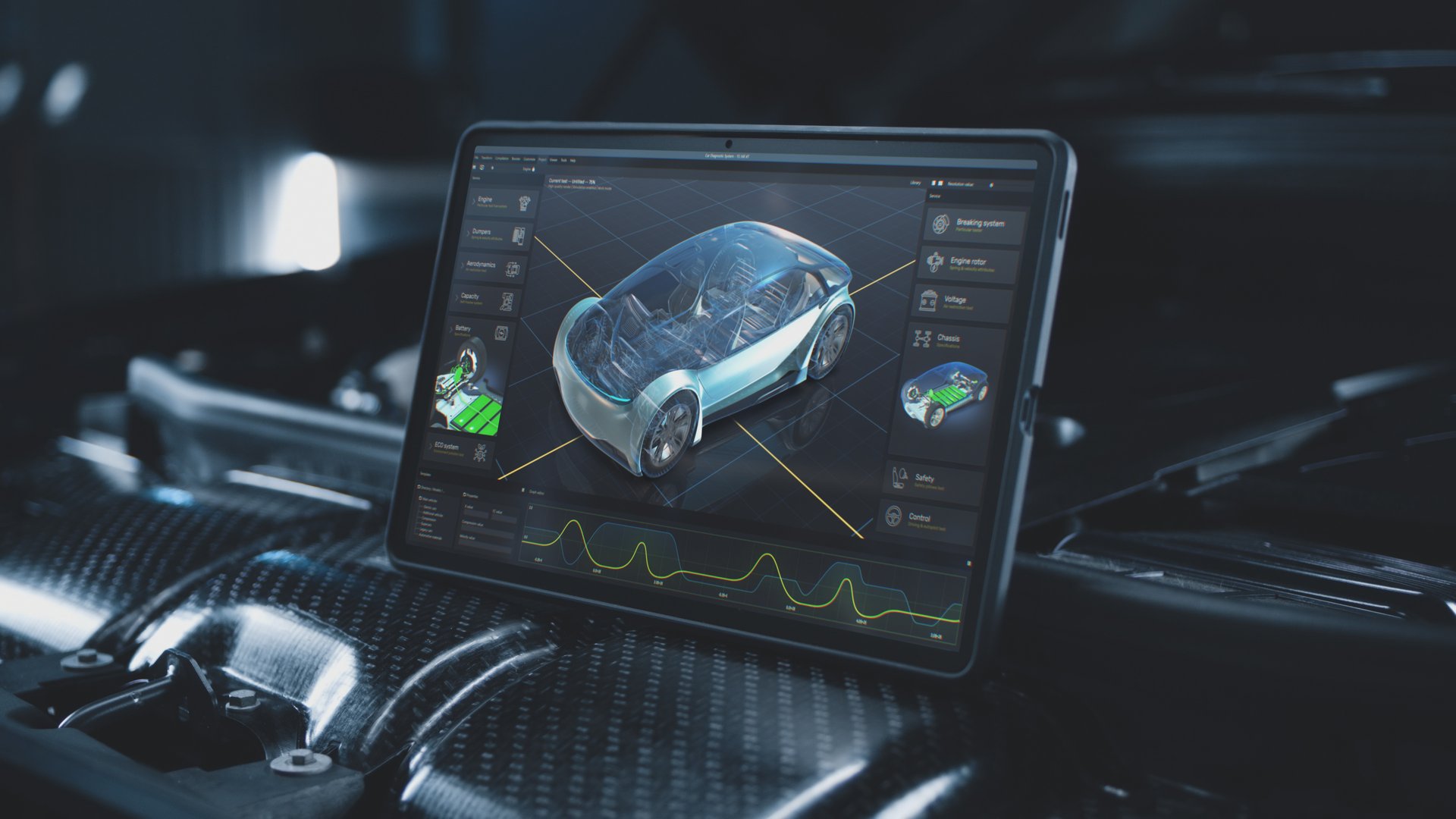 3D animation of program for car diagnostic displayed on digital tablet screen