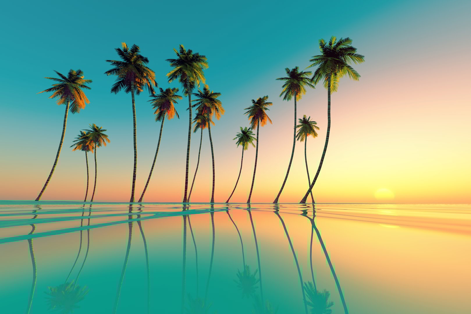 coconut palms at turquoise tropical sunset over calm sea