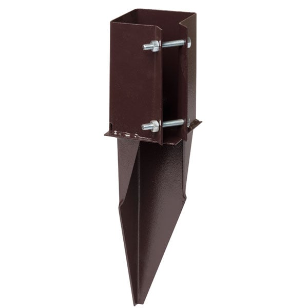 A brown metal fence post anchor with bolts, designed for securing wooden posts into the ground.