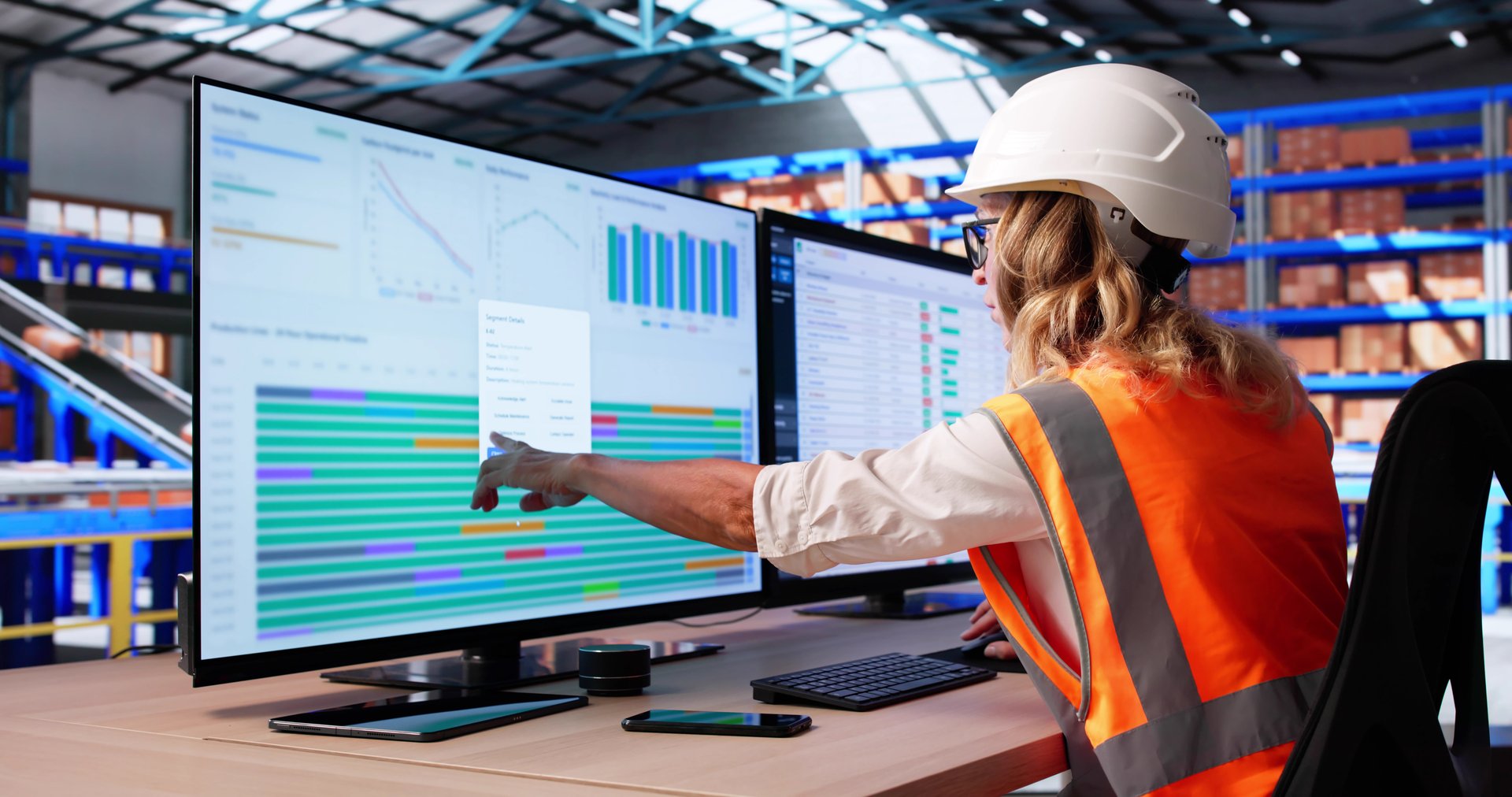 Operations Manager Overlooking Warehouse Logistics And Automation Safety Procedures Integration.