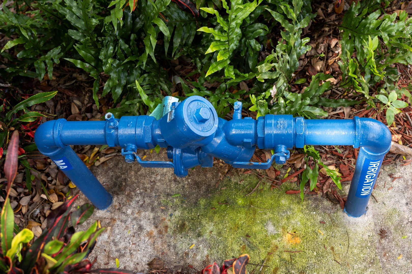 blue water sprinklers control pipes and valves