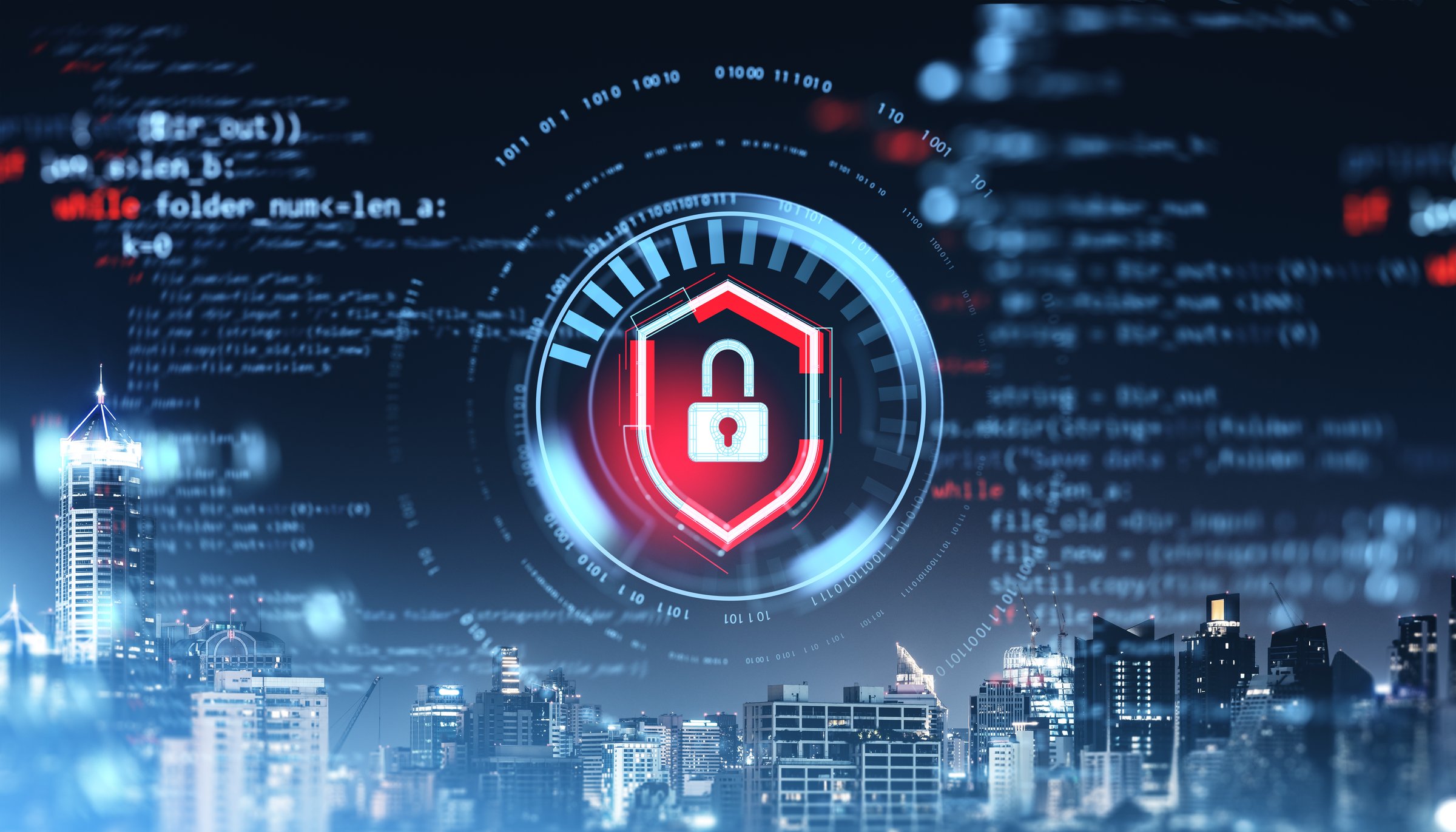 A digital padlock shield icon with binary codes and programming elements, overlayed on a city skyline background. Concept of cybersecurity