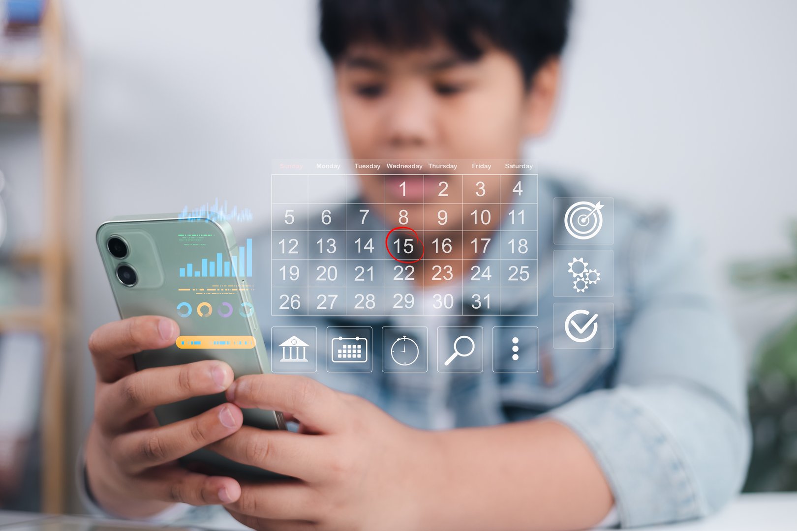 Mobile calendar login with futuristic holographic interface on smartphone, highlighting the 15th and representing time management, digital planning, and business productivity.