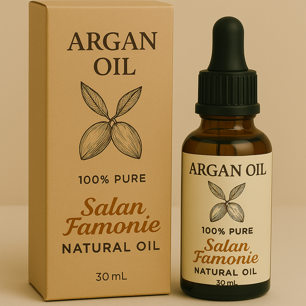 Bottle and box of Salan Famonie 100% pure argan oil, 30 ml, with leaf illustration on packaging.
