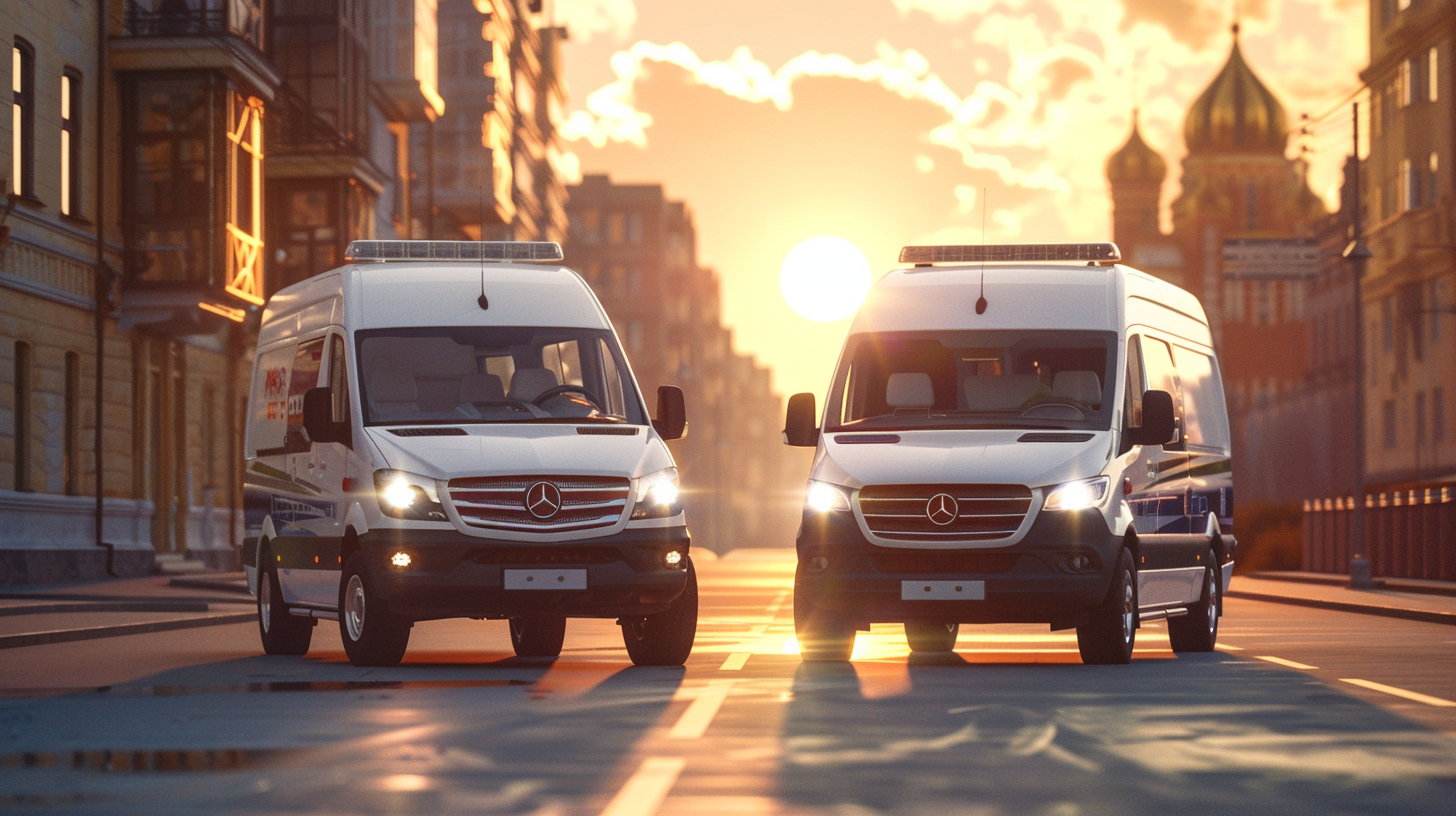 Two Mercedes-Benz vans on a city street at sunset with a historic building in the background.