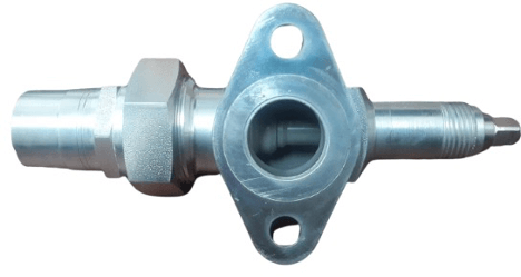 Metal mechanical component with threaded ends and two bolt holes, likely used for connecting pipes or machinery.