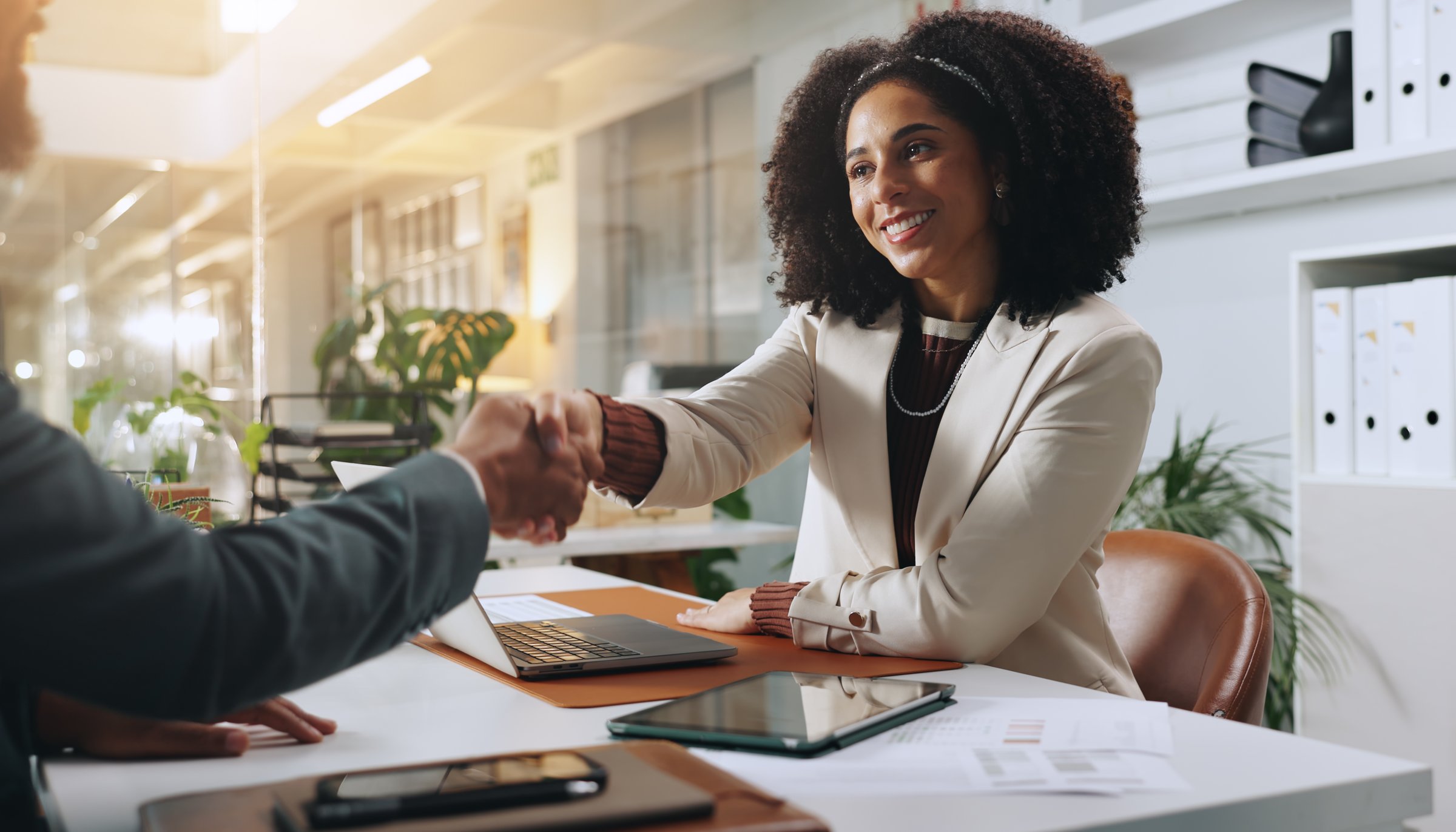 Agreement, handshake and business people in office, partnership and company onboarding. Shaking hands, meeting and employees with welcome, risk management and success with corporate deal and greeting