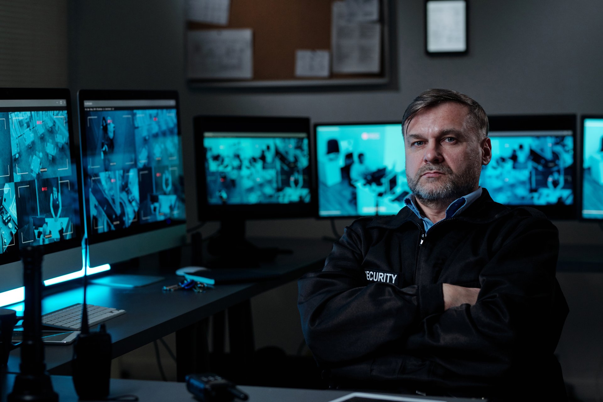 Serious mature security guard keeping his arms crossed by chest while sitting by workplace with lantern, walkie-talkie and computers