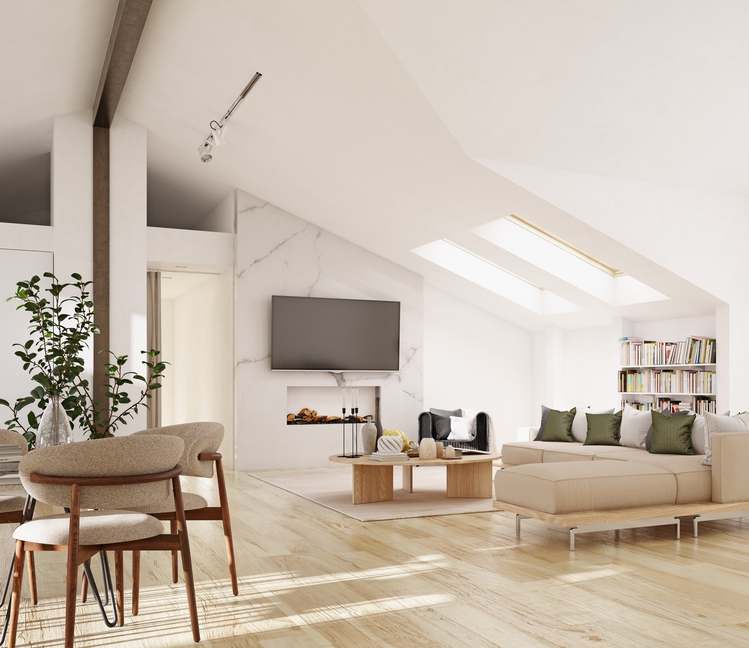 Bright, minimalist loft living room with modern furniture and natural light. 3d render