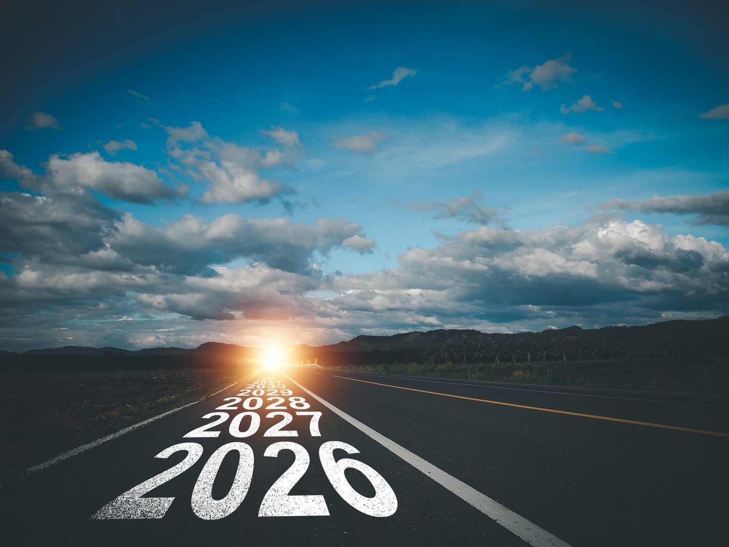 New Year Direction Concept 2026 to 2033 and Sustainable Development Concept, Business Restart, Future Work 2026 to 2033 on Asphalt Road, Sunset Time at Destination