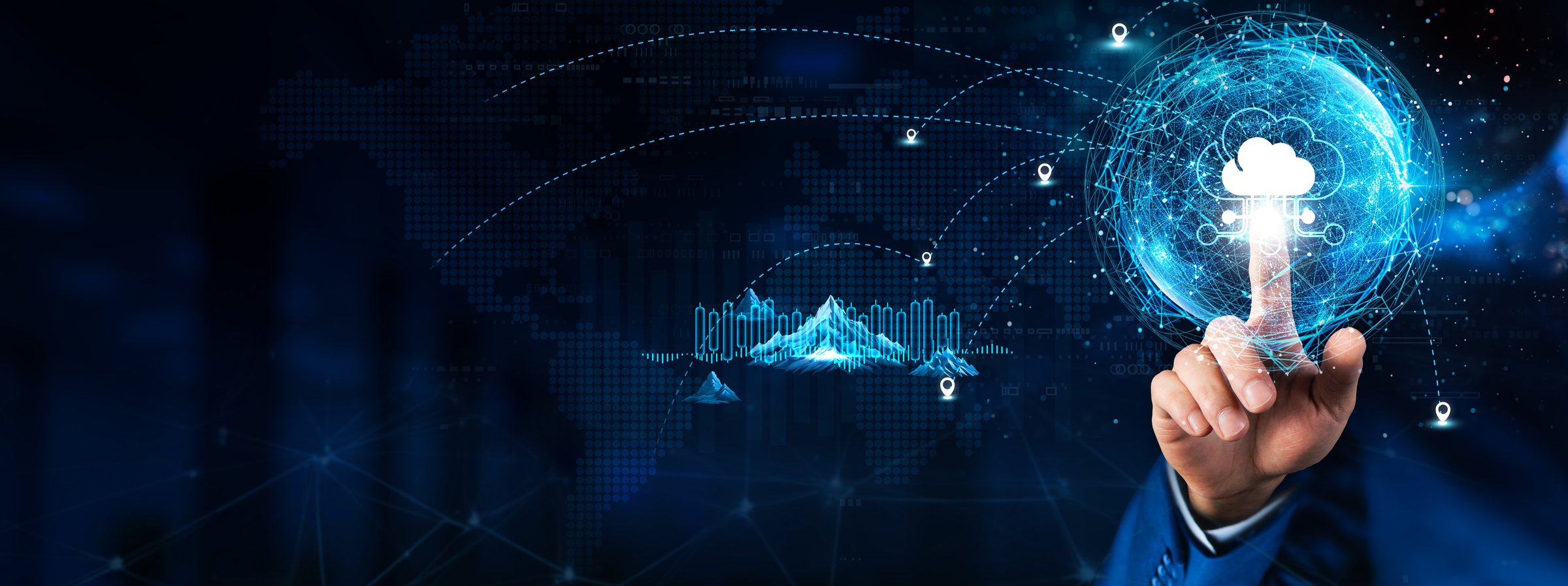 Cloud Computing: Hand touching global network connection and data exchanges, technology structure. Innovation networking on dark background. scalability, data storage, virtualization.